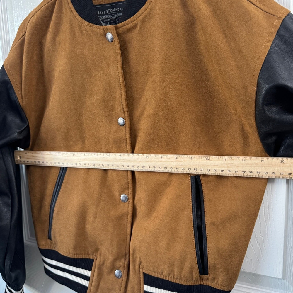 Levi’s Women's Mixed Media Varsity Bomber Jacket, Tan NWT XS - Picture 9 of 12